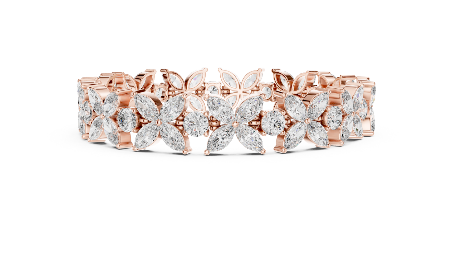Gold Diamond Floral Cluster Bracelet - Marquise & Round Cut Luxury