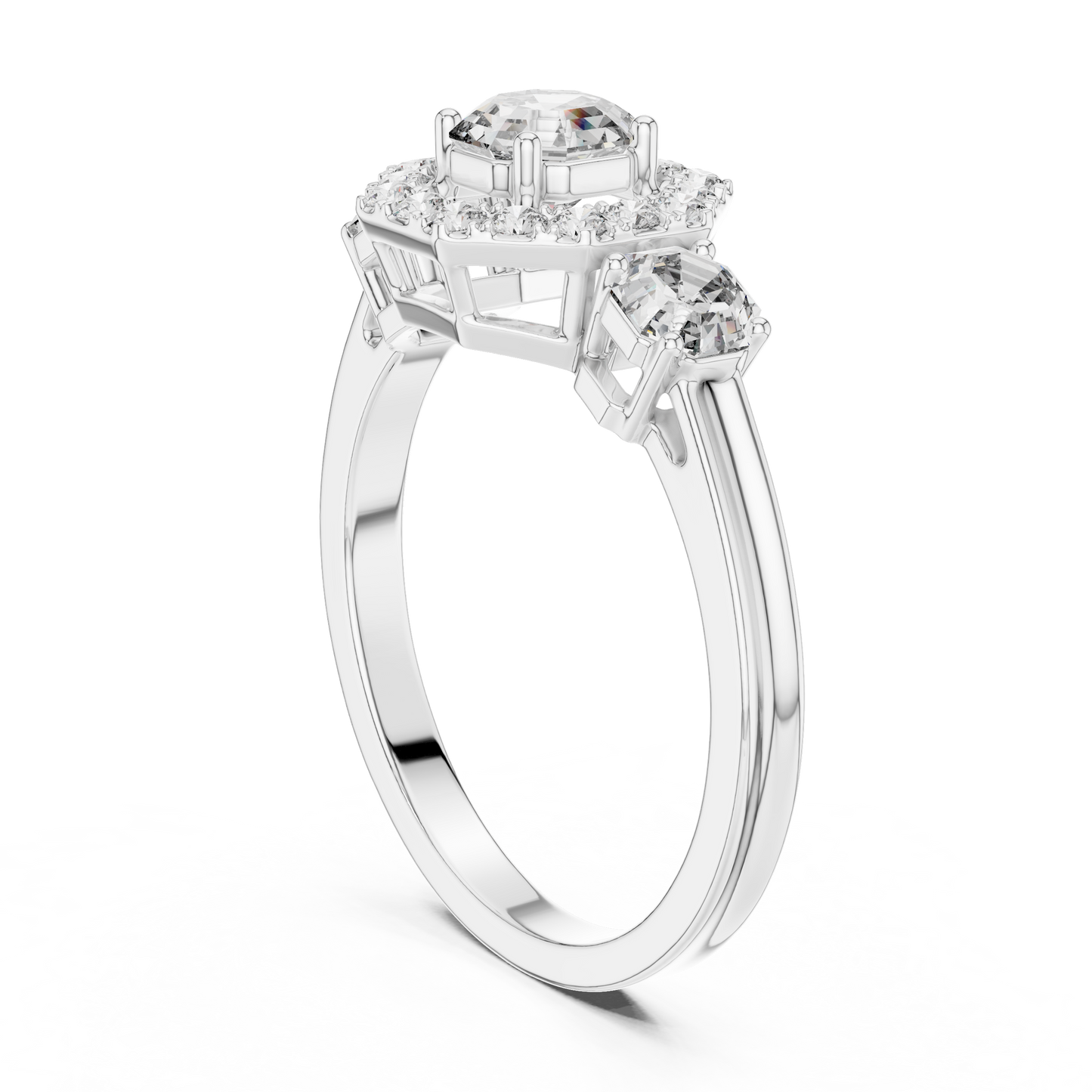 Three Stone Round Cut Diamond Halo Ring in 14K Yellow Gold