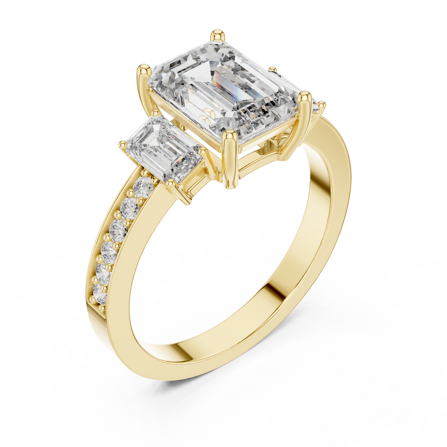 Emerald Cut Three Stone Pave Diamond Ring in 14K Rose Gold