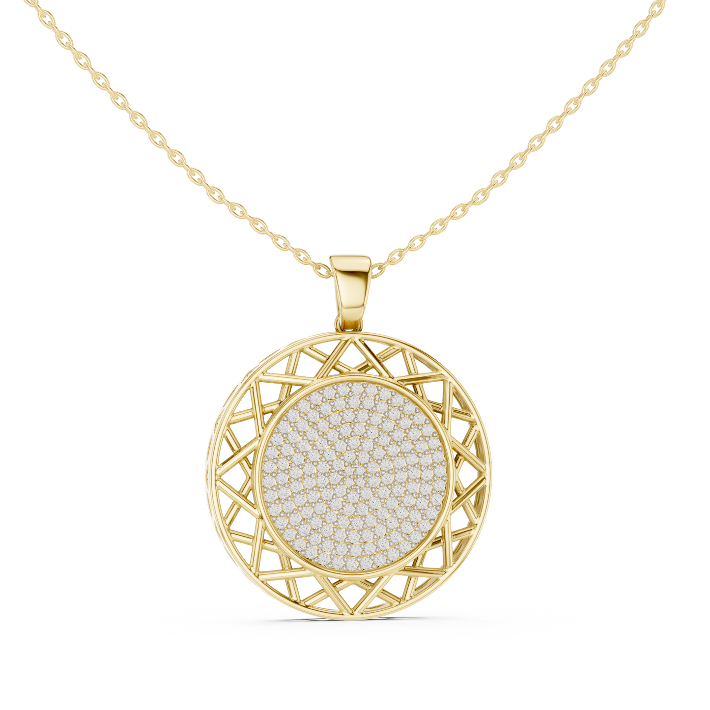 Geometric Circle Round Halo Lab-Grown Diamond Pendant 14K Yellow Gold