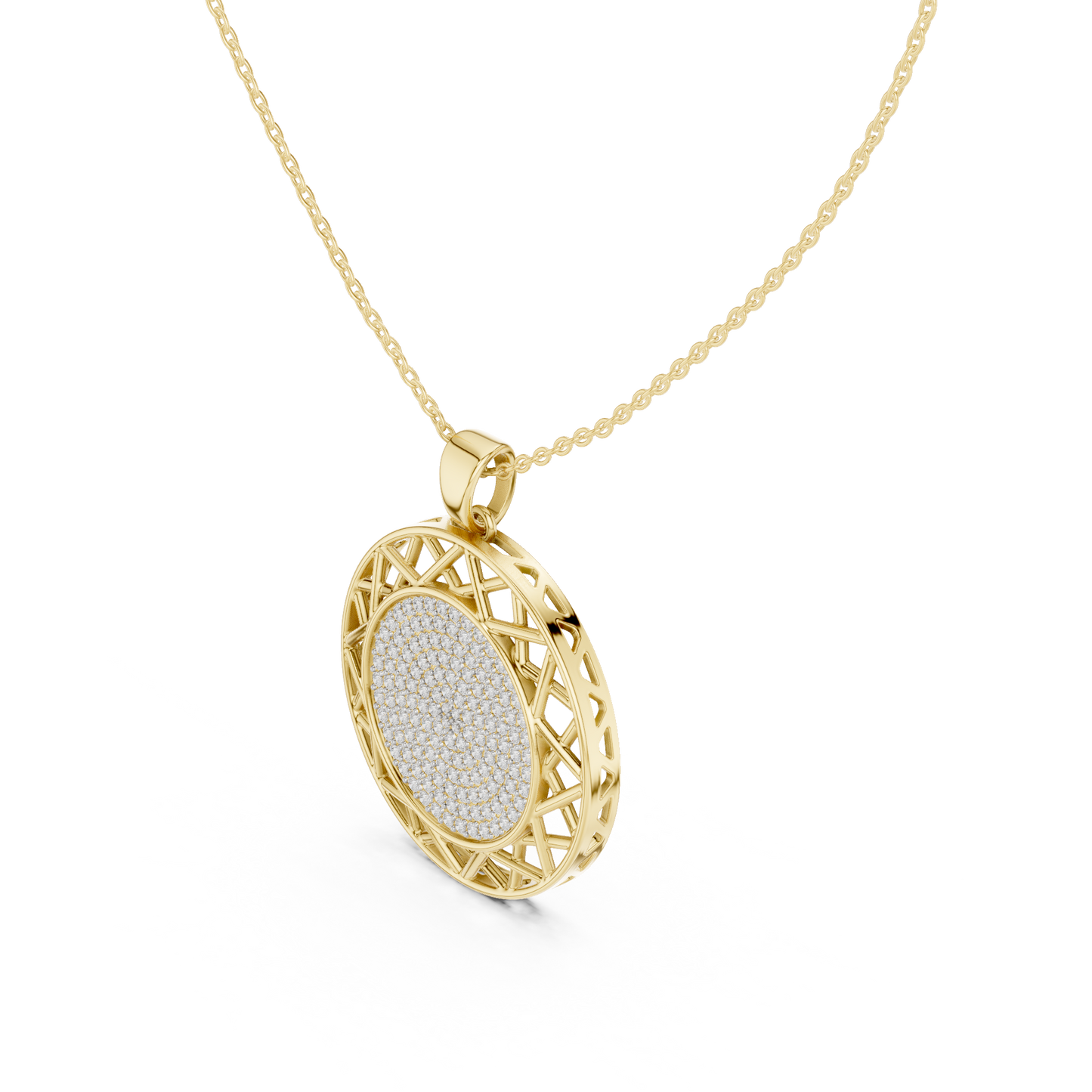 Geometric Circle Round Halo Lab-Grown Diamond Pendant 14K Yellow Gold