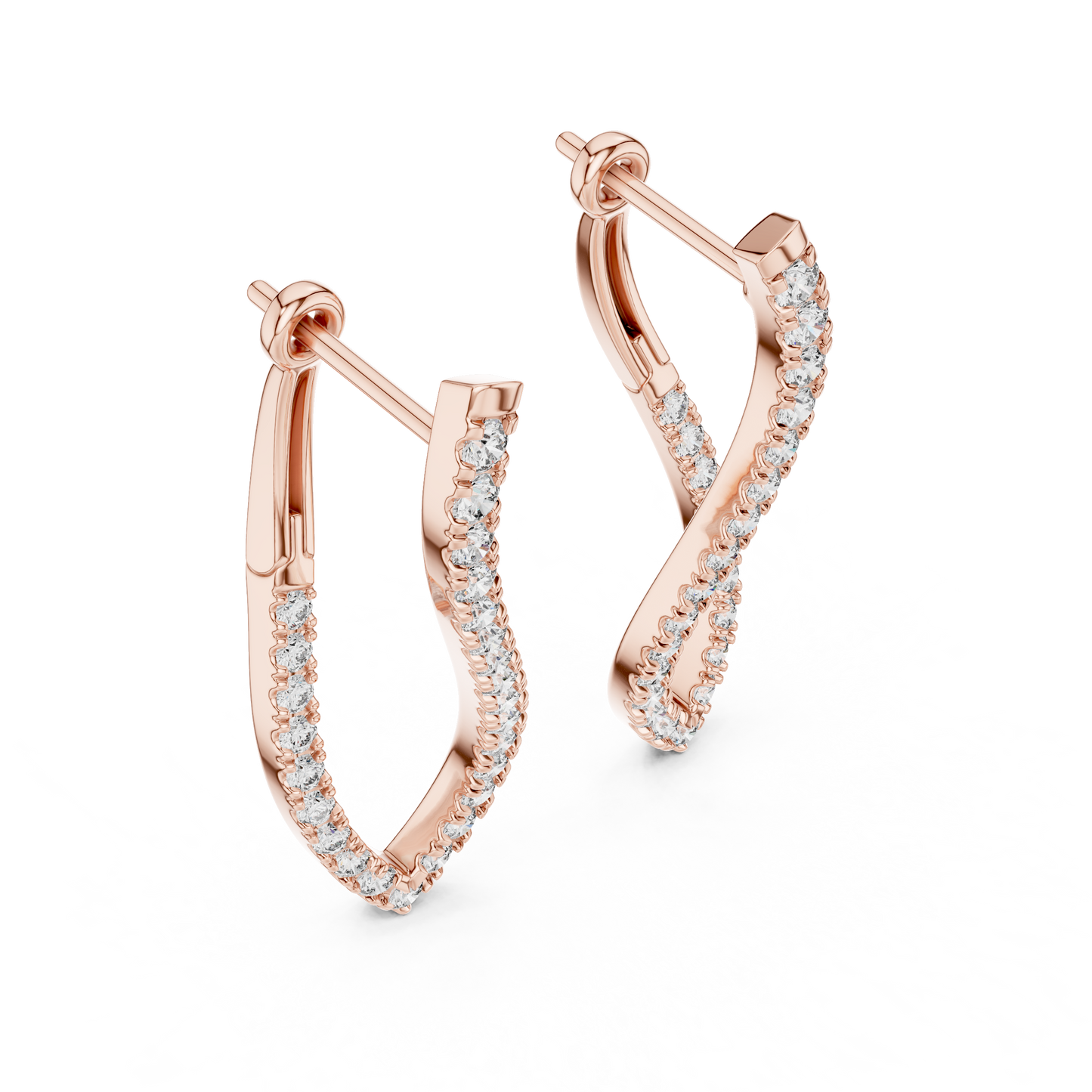 Elegant Twisted Rose Gold Round Diamond Hoop Earrings