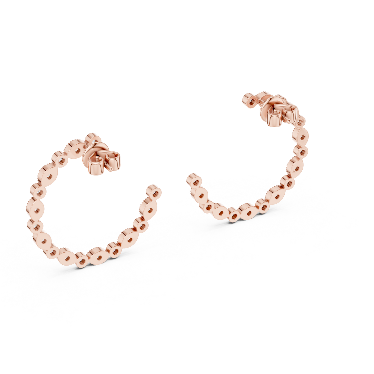 14K Rose Gold Round Diamond Open Hoop Earrings