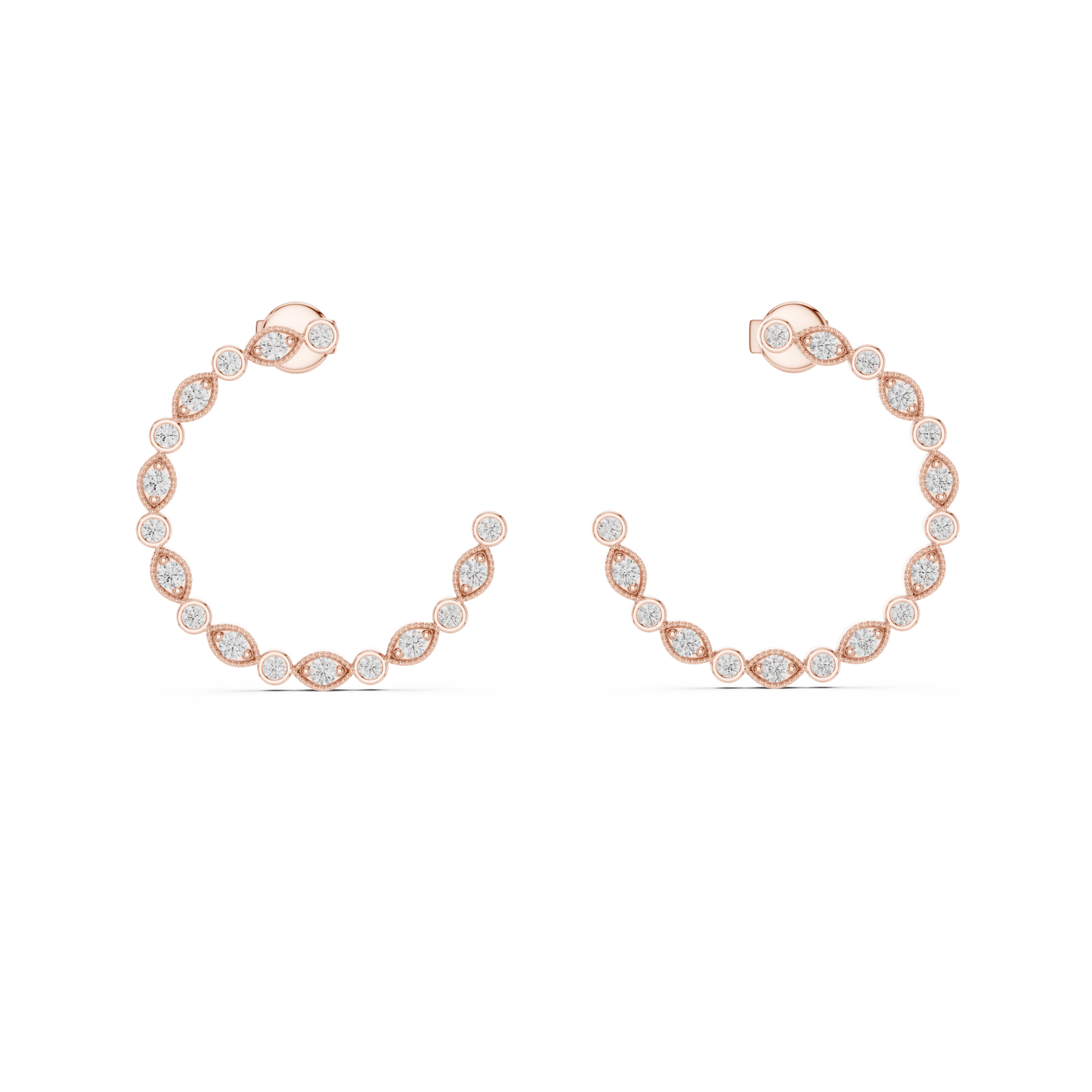 14K Rose Gold Round Diamond Open Hoop Earrings