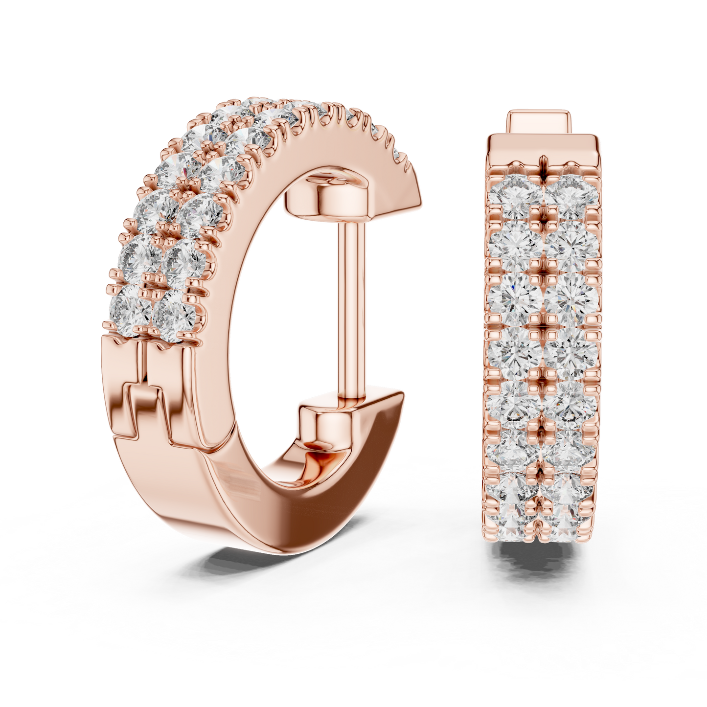 14K Yellow Gold Two Row Round Diamond Huggie Hoop Earrings