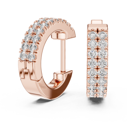 14K Yellow Gold Two Row Round Diamond Huggie Hoop Earrings