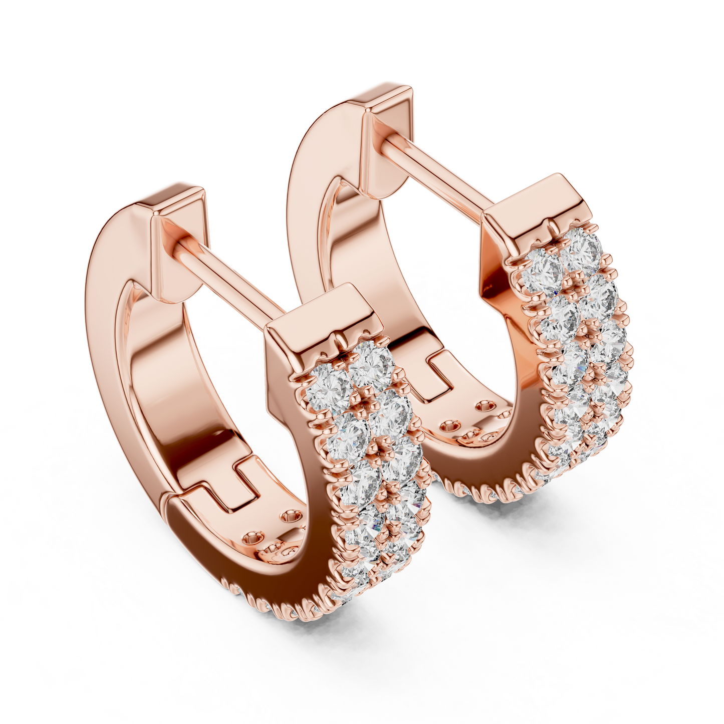 14K Yellow Gold Two Row Round Diamond Huggie Hoop Earrings