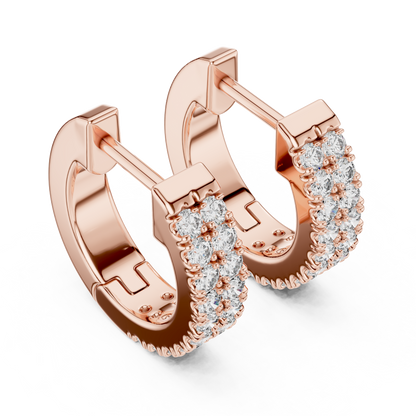 14K Yellow Gold Two Row Round Diamond Huggie Hoop Earrings