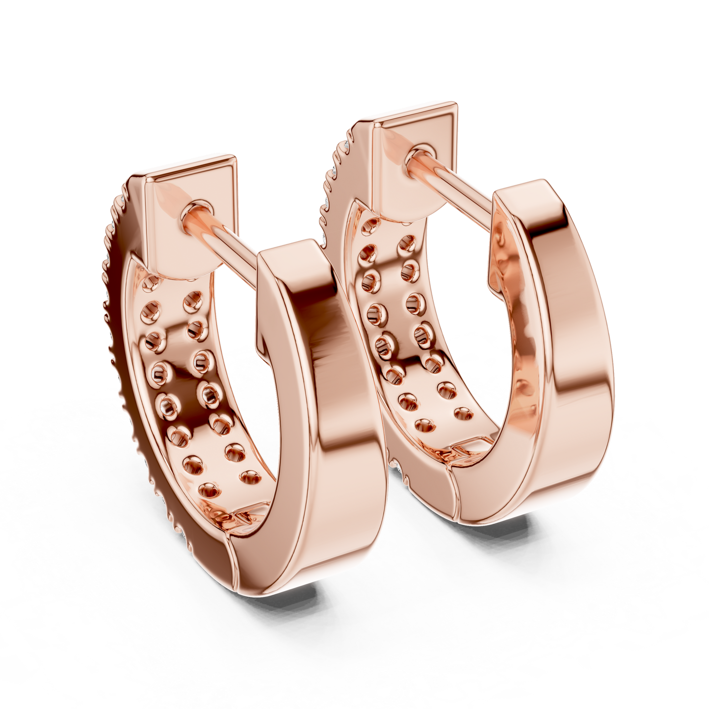 14K Yellow Gold Two Row Round Diamond Huggie Hoop Earrings