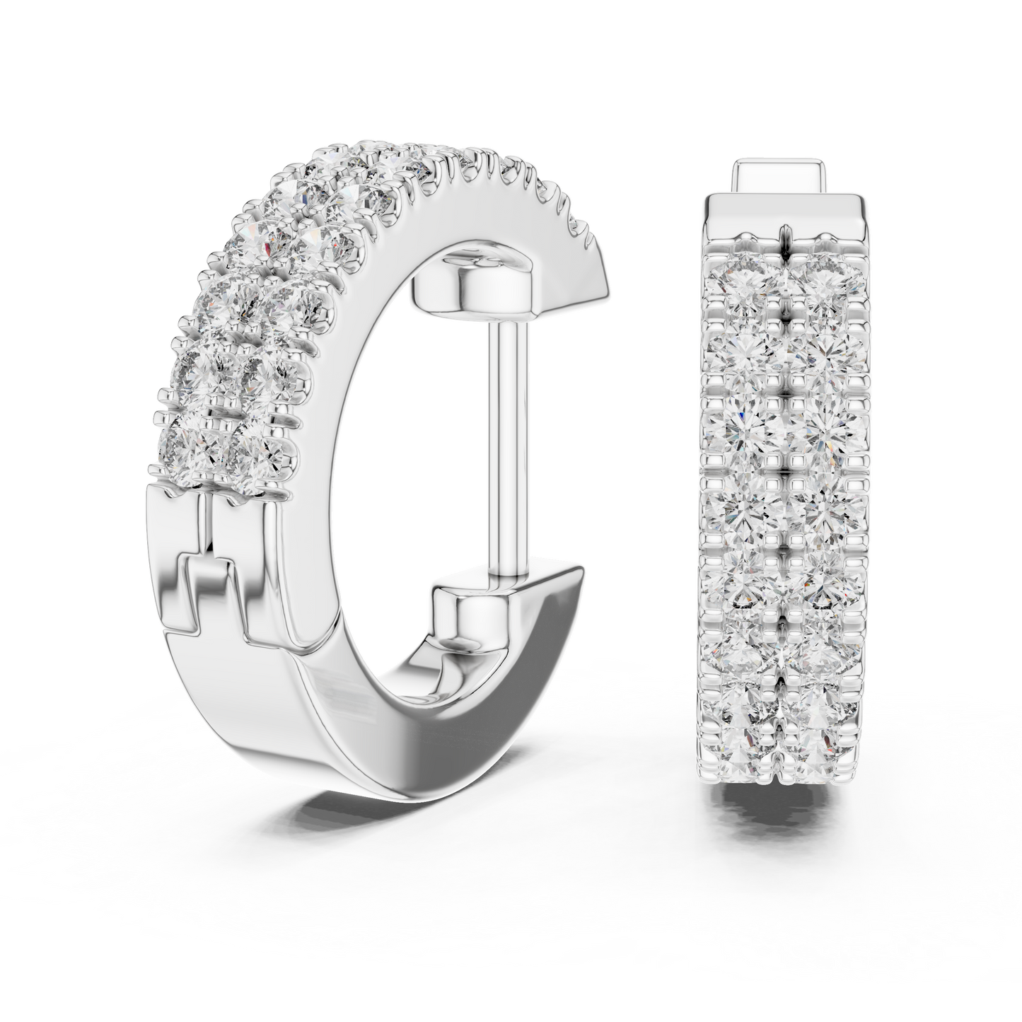 14K Yellow Gold Two Row Round Diamond Huggie Hoop Earrings