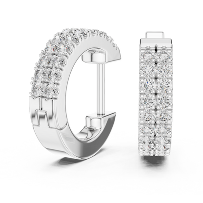 14K Yellow Gold Two Row Round Diamond Huggie Hoop Earrings