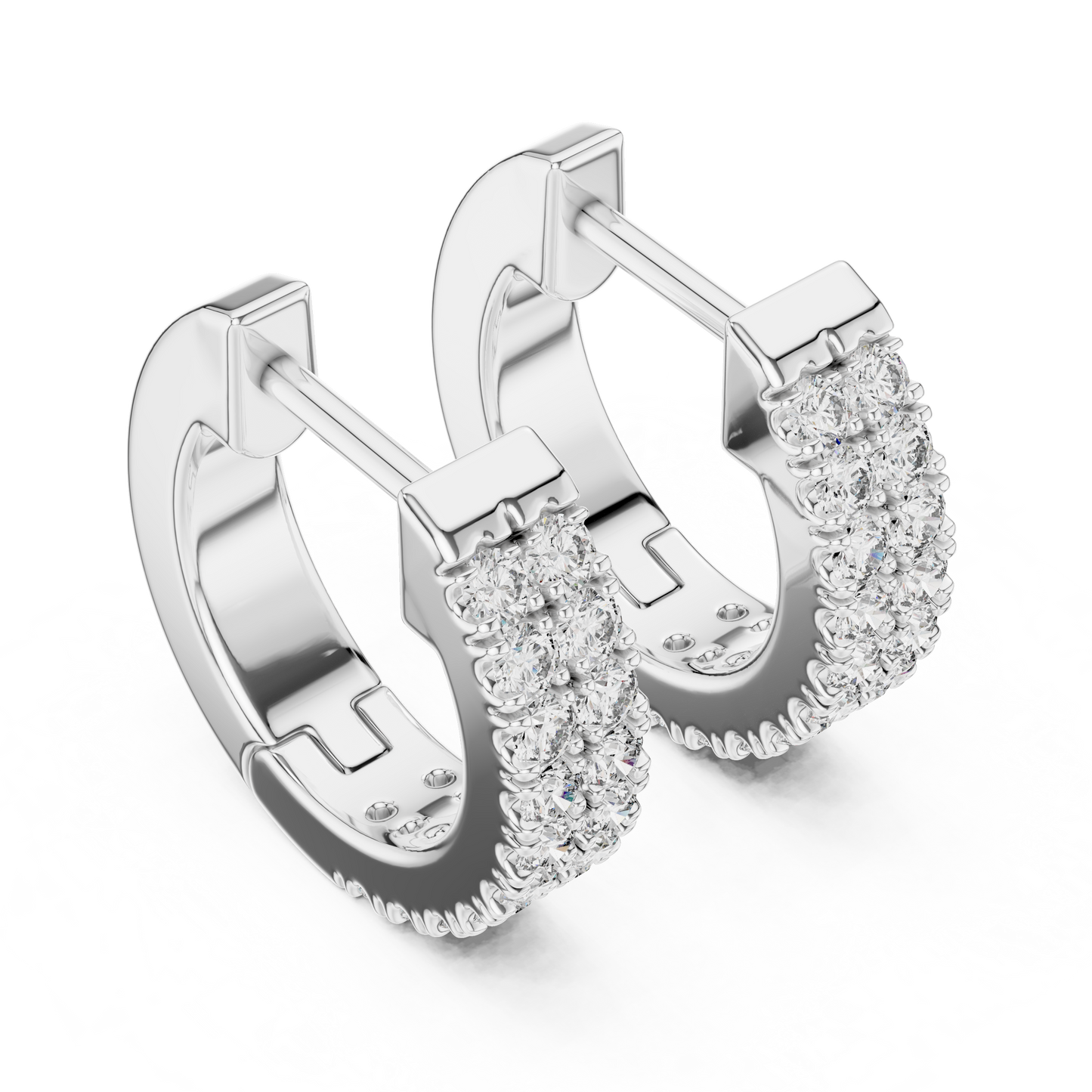 14K Yellow Gold Two Row Round Diamond Huggie Hoop Earrings
