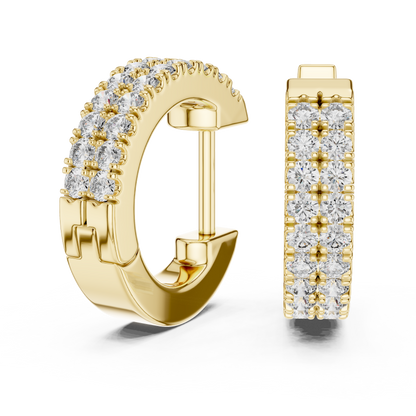 14K Yellow Gold Two Row Round Diamond Huggie Hoop Earrings
