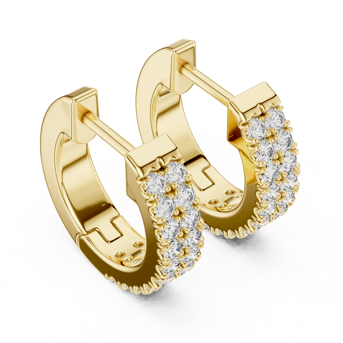 14K Yellow Gold Two Row Round Diamond Huggie Hoop Earrings