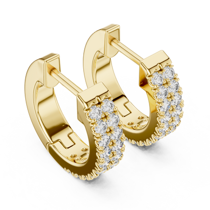 14K Yellow Gold Two Row Round Diamond Huggie Hoop Earrings