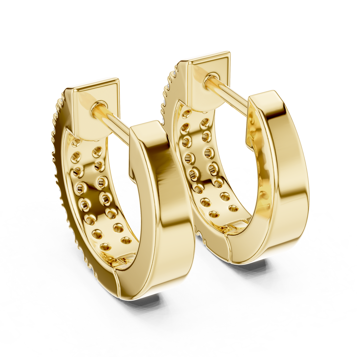 14K Yellow Gold Two Row Round Diamond Huggie Hoop Earrings