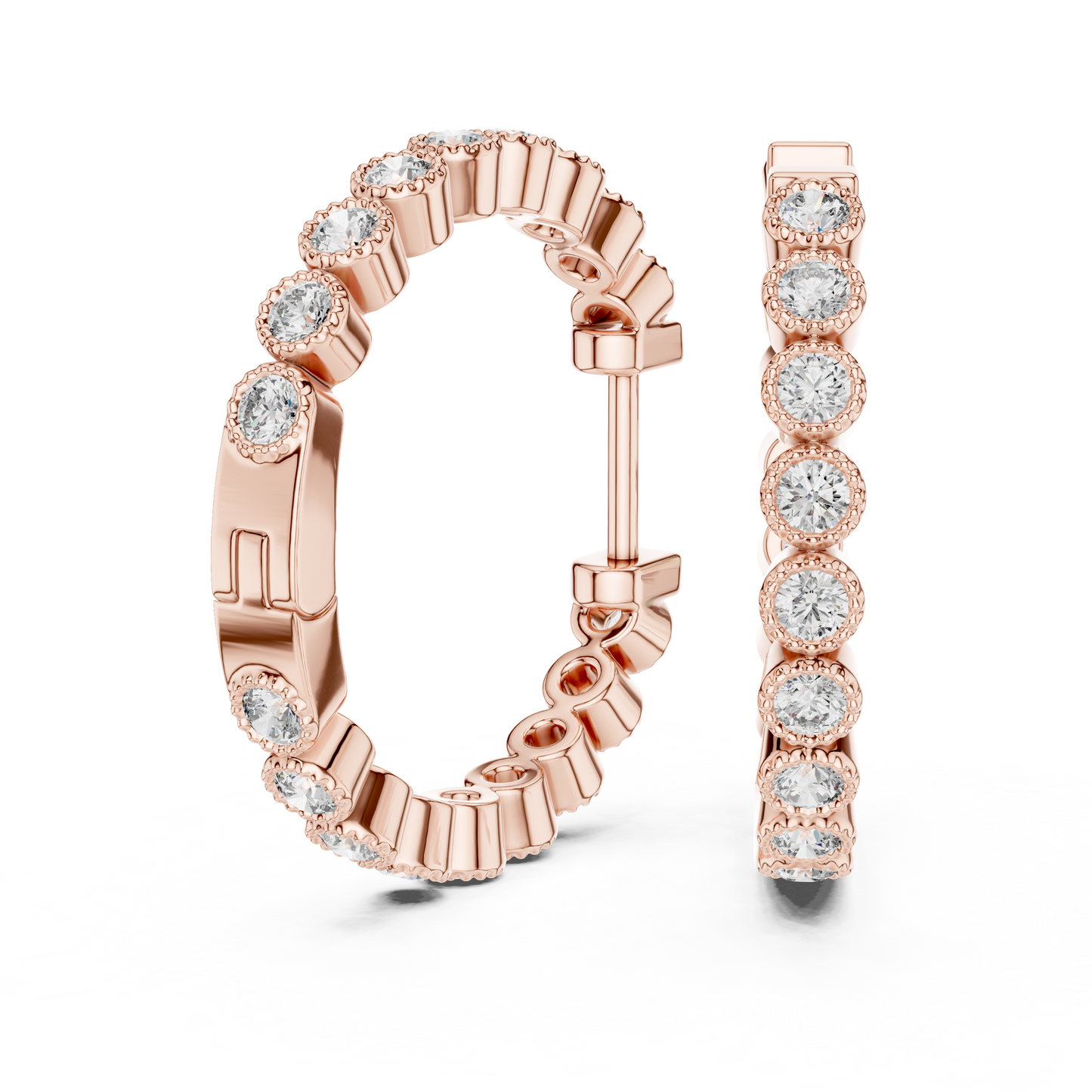 14K Rose Gold Bezel Set Round Diamond Huggie Hoop Earrings