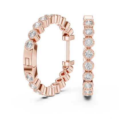 14K Rose Gold Bezel Set Round Diamond Huggie Hoop Earrings