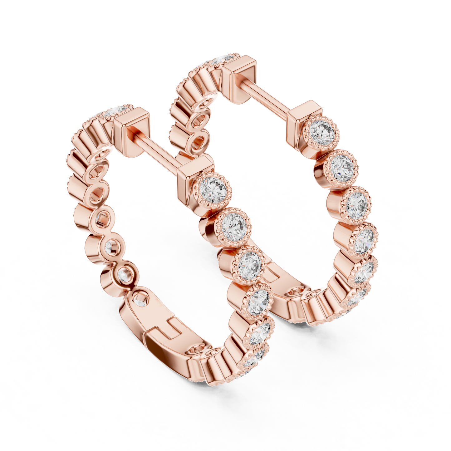 14K Rose Gold Bezel Set Round Diamond Huggie Hoop Earrings