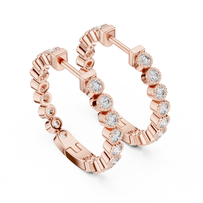 14K Rose Gold Bezel Set Round Diamond Huggie Hoop Earrings