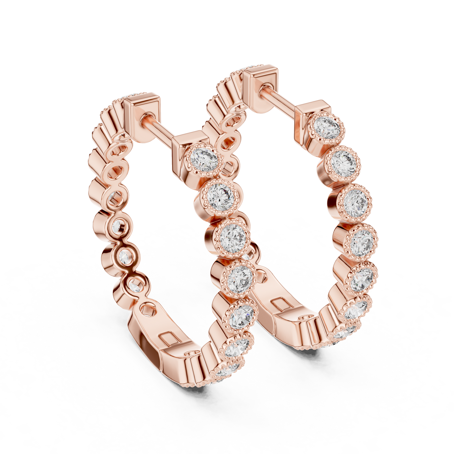 14K Rose Gold Bezel Set Round Diamond Huggie Hoop Earrings