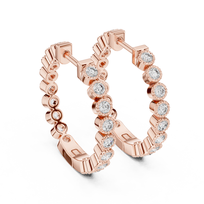 14K Rose Gold Bezel Set Round Diamond Huggie Hoop Earrings