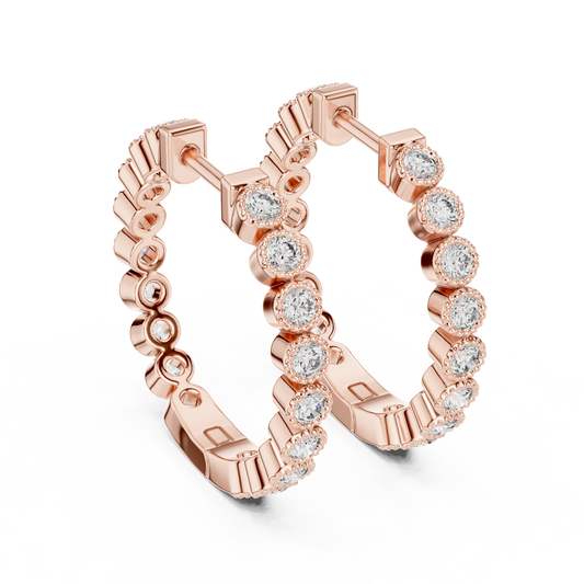 14K Rose Gold Bezel Set Round Diamond Huggie Hoop Earrings