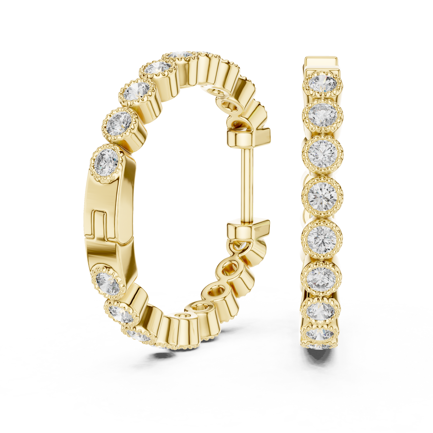 14K Rose Gold Bezel Set Round Diamond Huggie Hoop Earrings