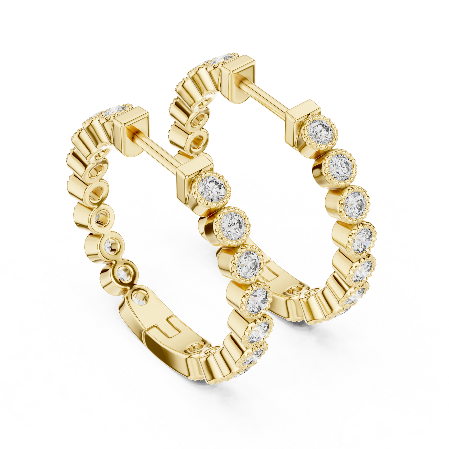 14K Rose Gold Bezel Set Round Diamond Huggie Hoop Earrings