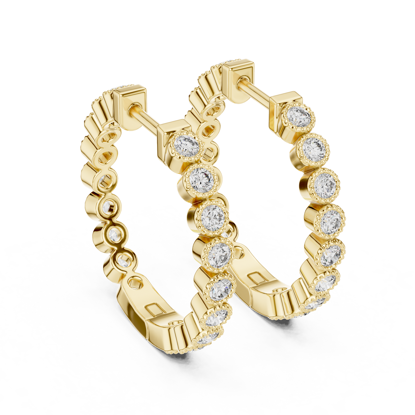 14K Rose Gold Bezel Set Round Diamond Huggie Hoop Earrings