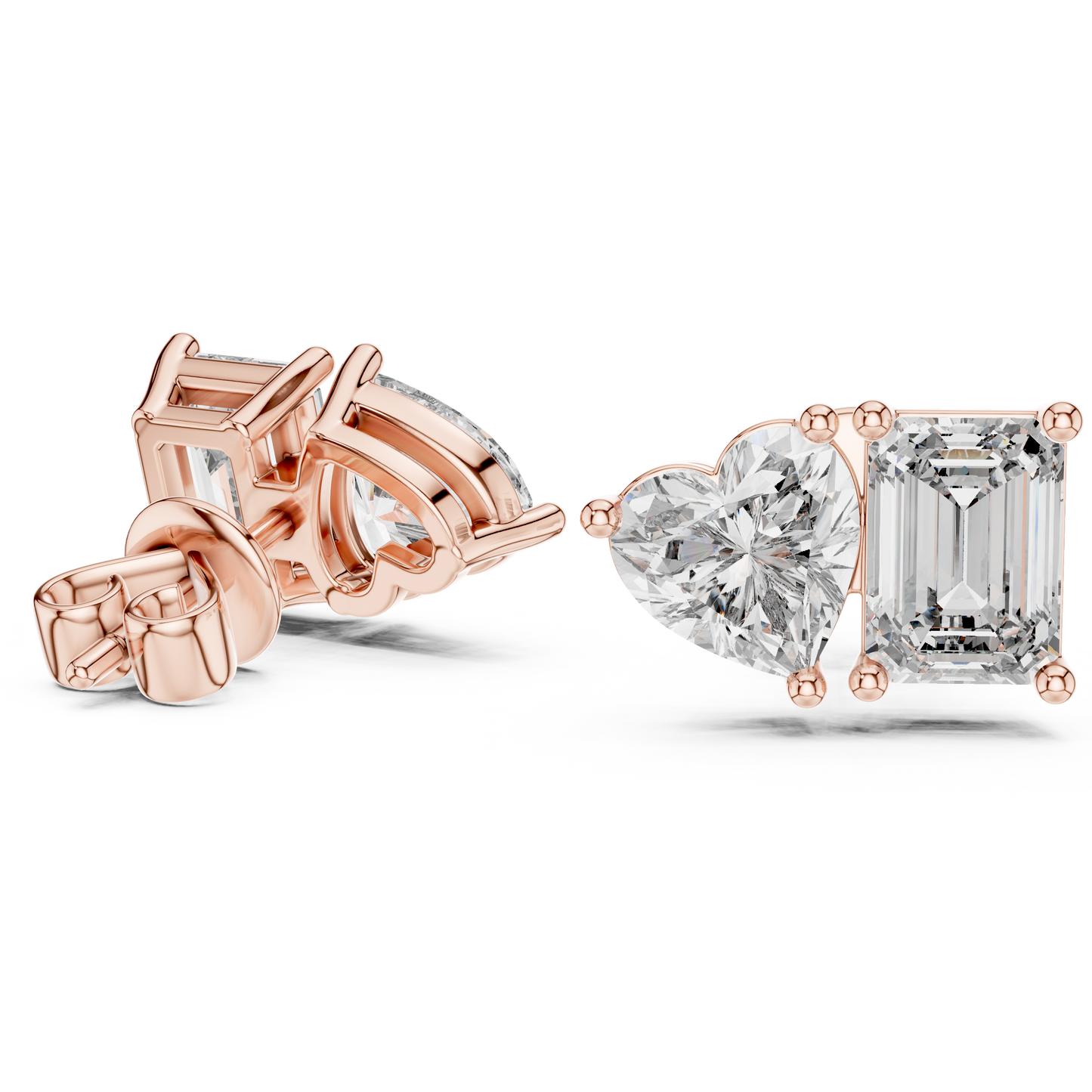 Rose Gold Diamond Toi Et Moi Earrings – Heart & Emerald Cut