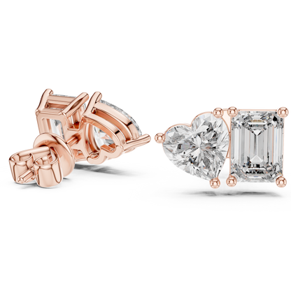 Rose Gold Diamond Toi Et Moi Earrings – Heart & Emerald Cut
