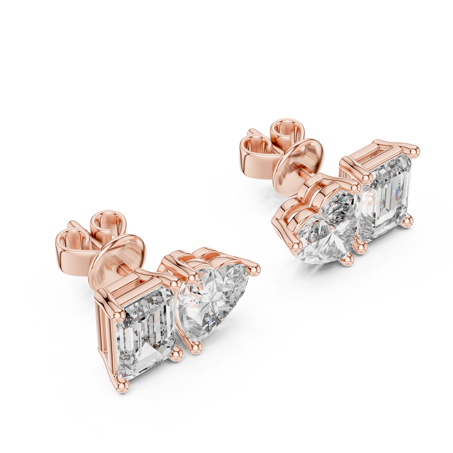Rose Gold Diamond Toi Et Moi Earrings – Heart & Emerald Cut