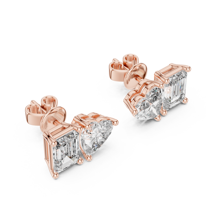 Rose Gold Diamond Toi Et Moi Earrings – Heart & Emerald Cut