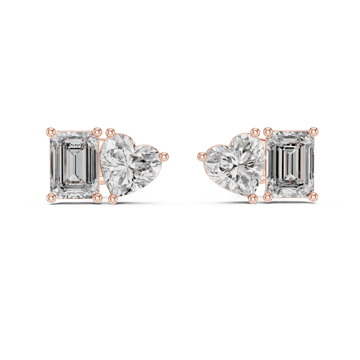 Rose Gold Diamond Toi Et Moi Earrings – Heart & Emerald Cut
