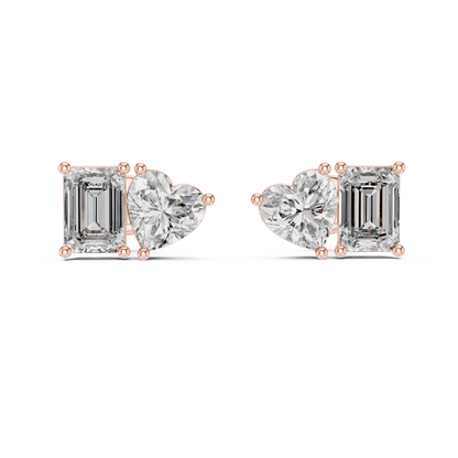 Rose Gold Diamond Toi Et Moi Earrings – Heart & Emerald Cut