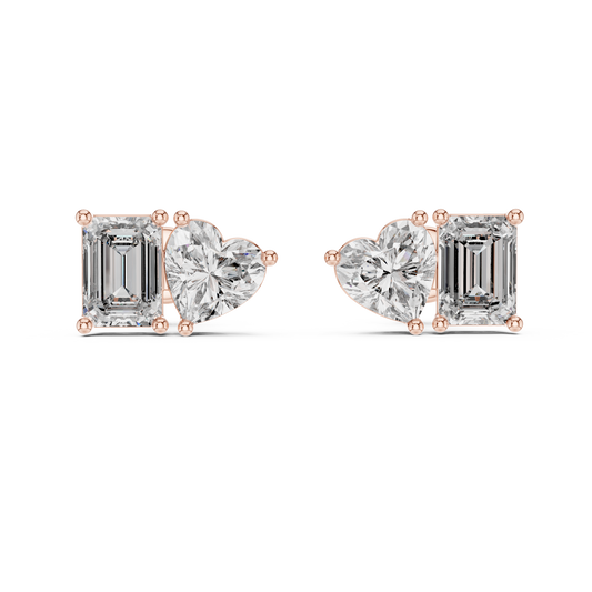 Rose Gold Diamond Toi Et Moi Earrings – Heart & Emerald Cut