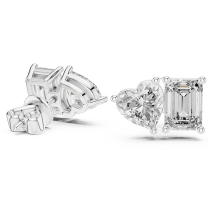 Rose Gold Diamond Toi Et Moi Earrings – Heart & Emerald Cut