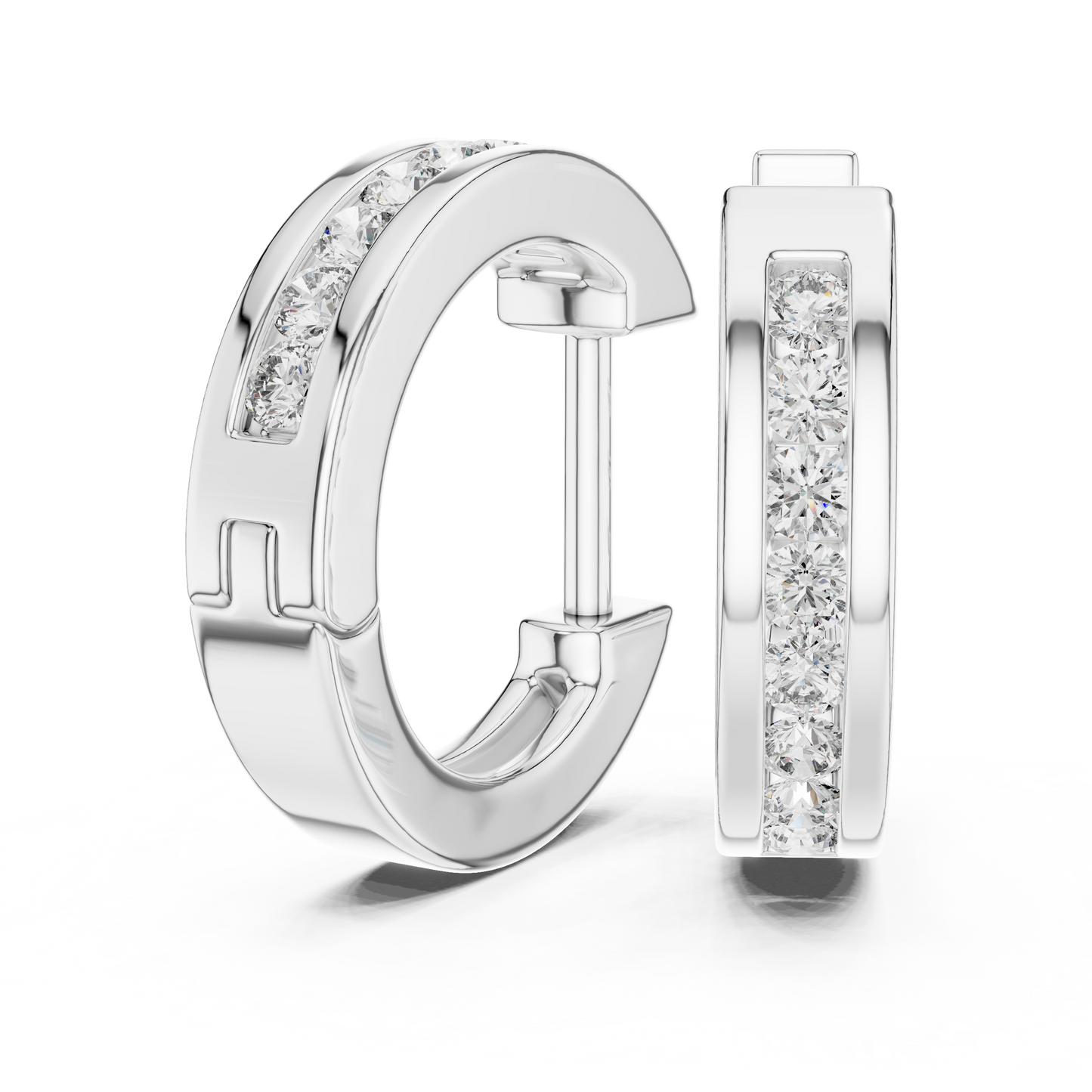 Channel Set Round Lab Grown Diamond Huggie Hoop Earrings in 14K White Gold