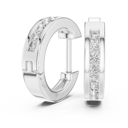Channel Set Round Lab Grown Diamond Huggie Hoop Earrings in 14K White Gold
