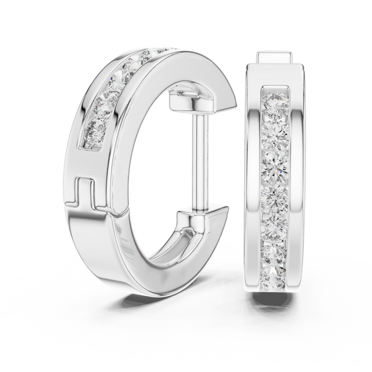 Channel Set Round Lab Grown Diamond Huggie Hoop Earrings in 14K White Gold