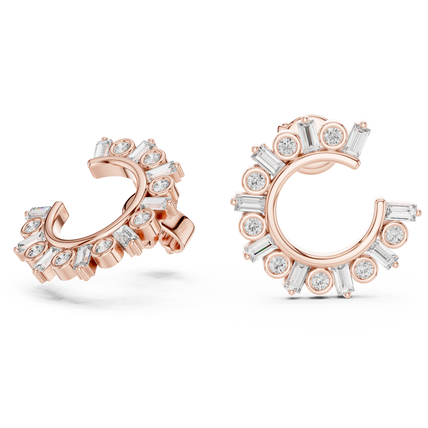 Baguette & Round Lab Grown Diamond Open Hoop Earrings in 14K Rose Gold