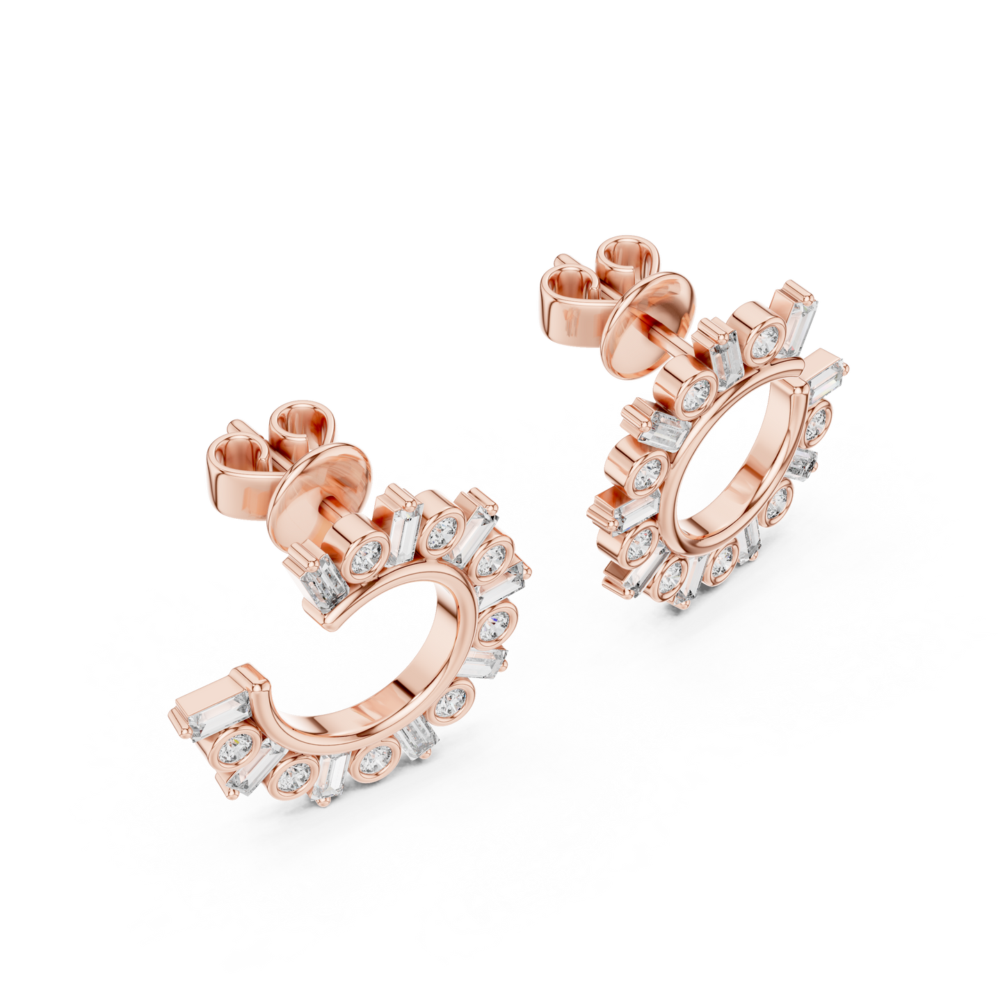Baguette & Round Lab Grown Diamond Open Hoop Earrings in 14K Rose Gold
