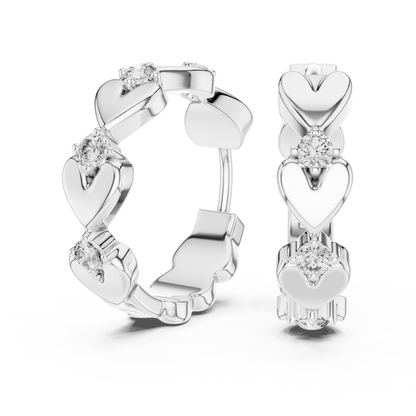Heart Shape Round Diamond Hoop Earrings in White Gold