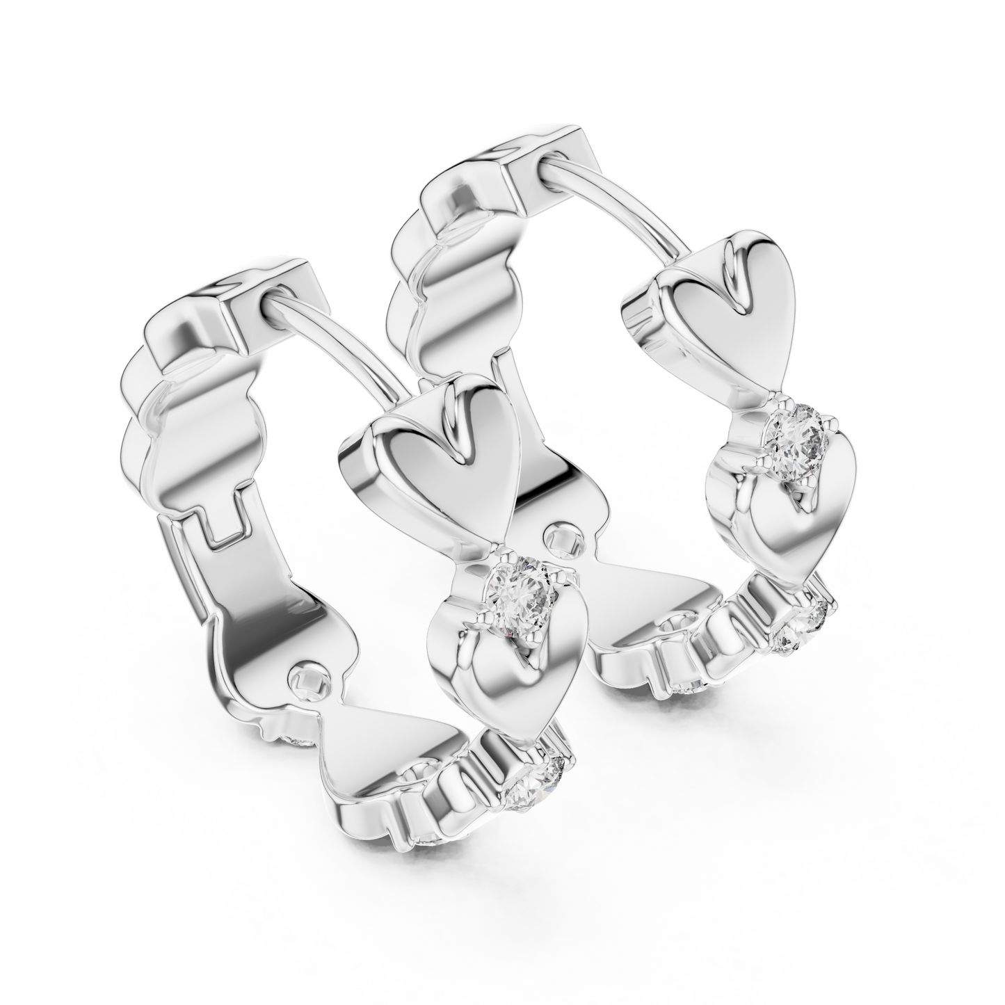 Heart Shape Round Diamond Hoop Earrings in White Gold