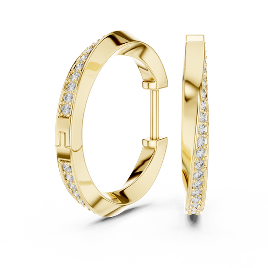 14K Yellow Gold Modern Round Diamond Hoop Earrings