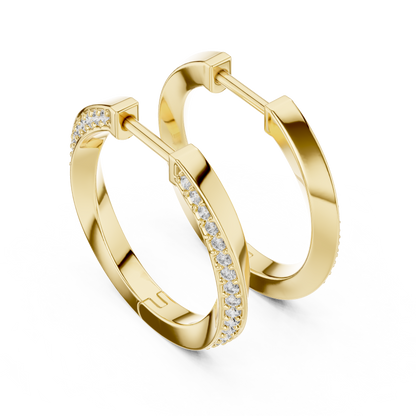 14K Yellow Gold Modern Round Diamond Hoop Earrings