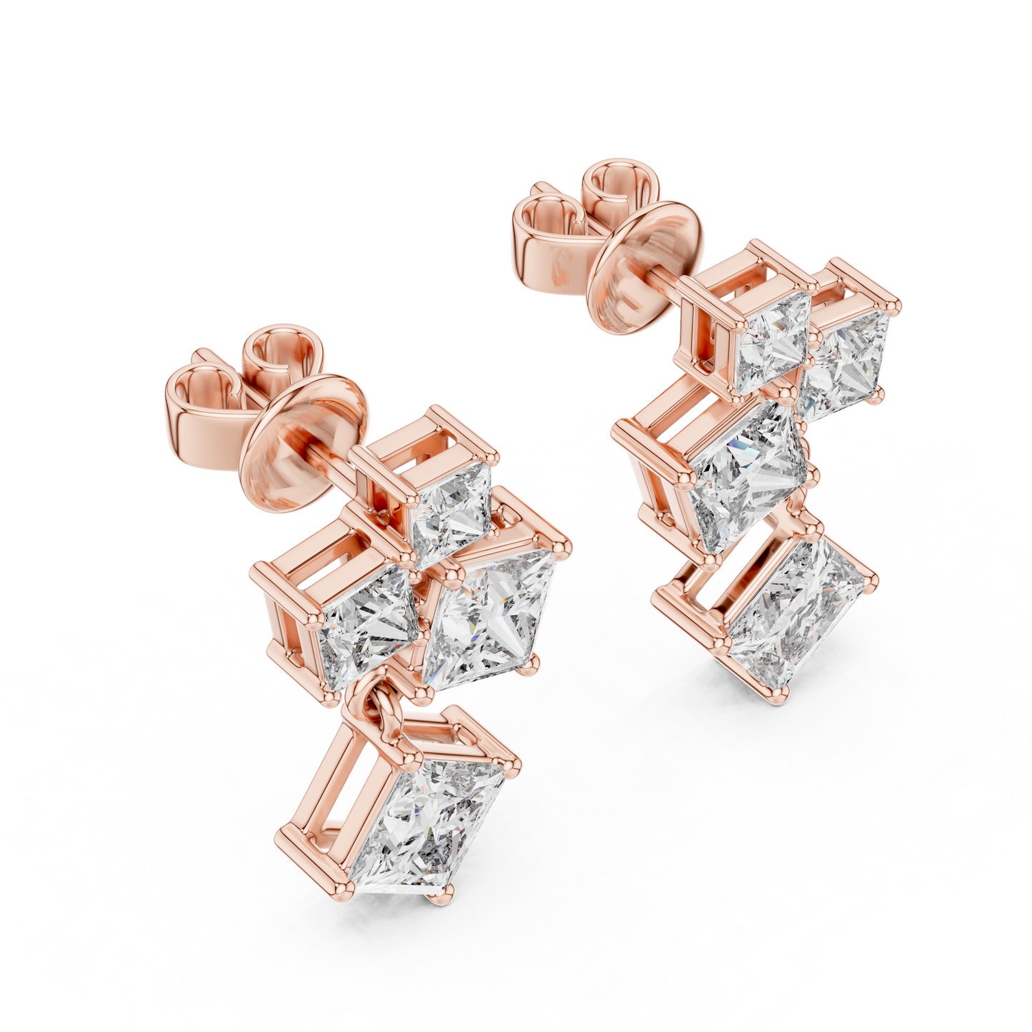 Princess-Cut Diamond Cluster Chandelier Earrings in White Gold