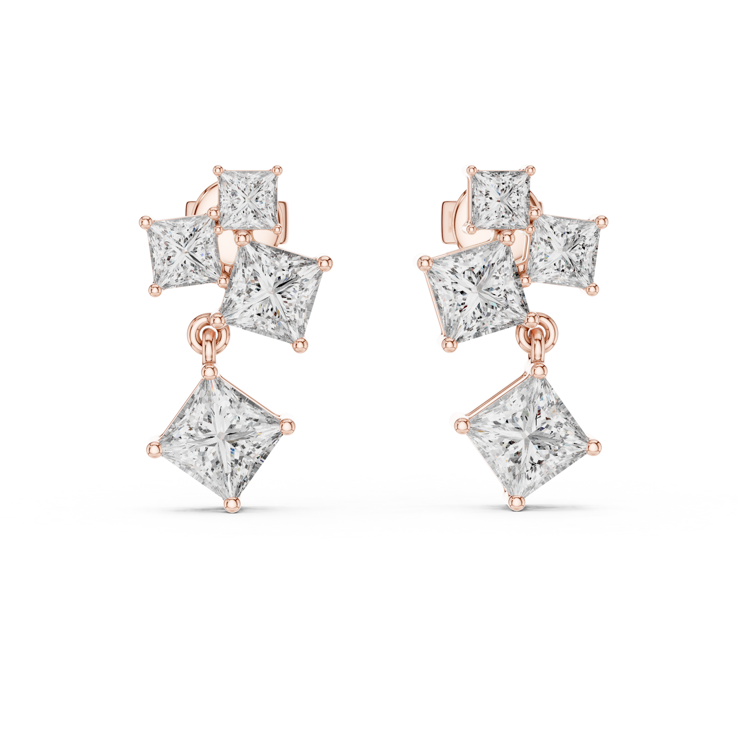 Princess-Cut Diamond Cluster Chandelier Earrings in White Gold