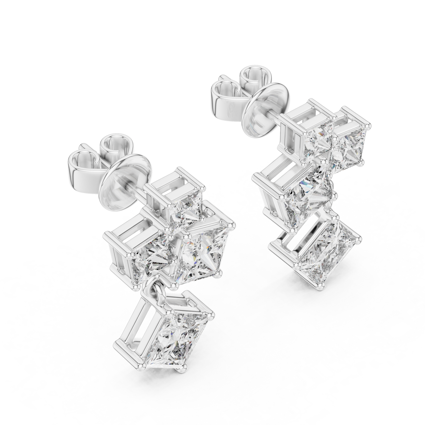 Princess-Cut Diamond Cluster Chandelier Earrings in White Gold